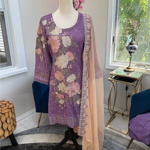 Purple Floral Embroidered Dress with Peach Dupatta
